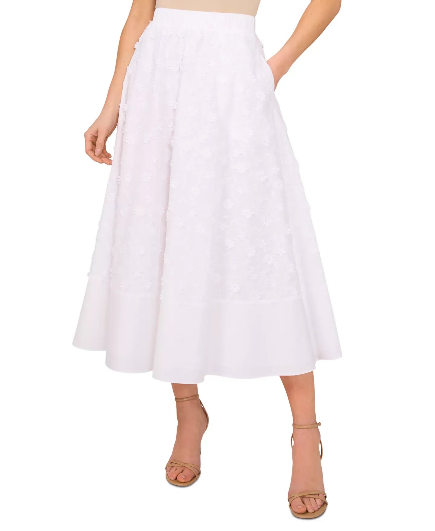 CeCe Women's Cotton 3D Floral Pull-On Midi Skirt