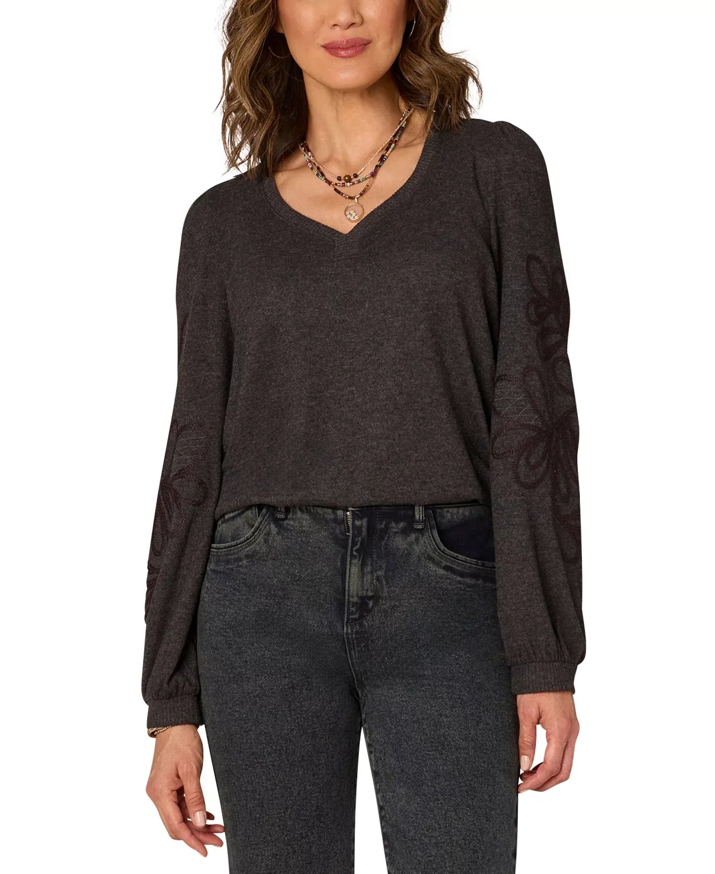 Democracy Petite Long-Sleeve Sweetheart Blouse Top