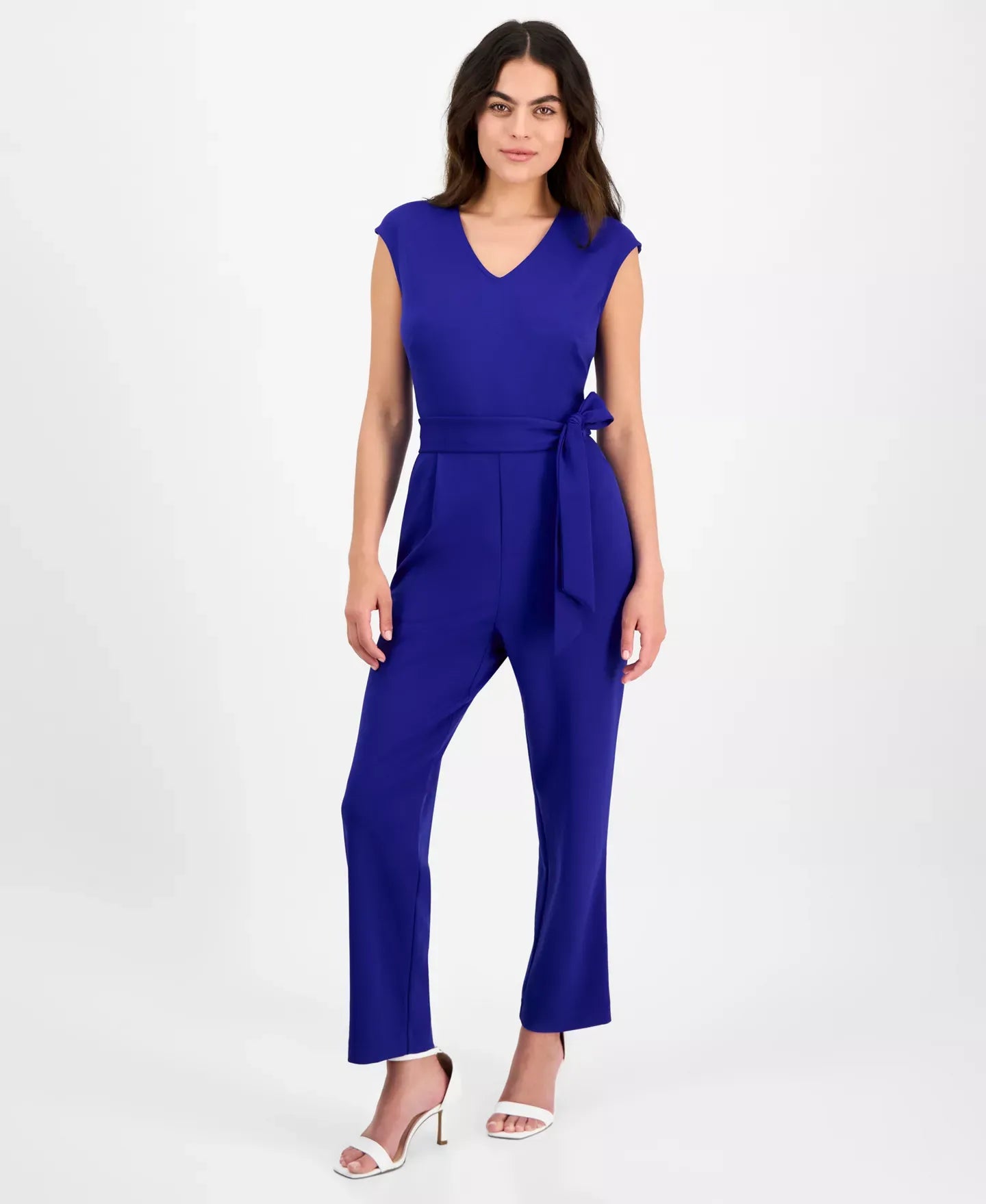 AK Anne Klein Petite V-Neck Belted Crepe Jumpsuit Pants
