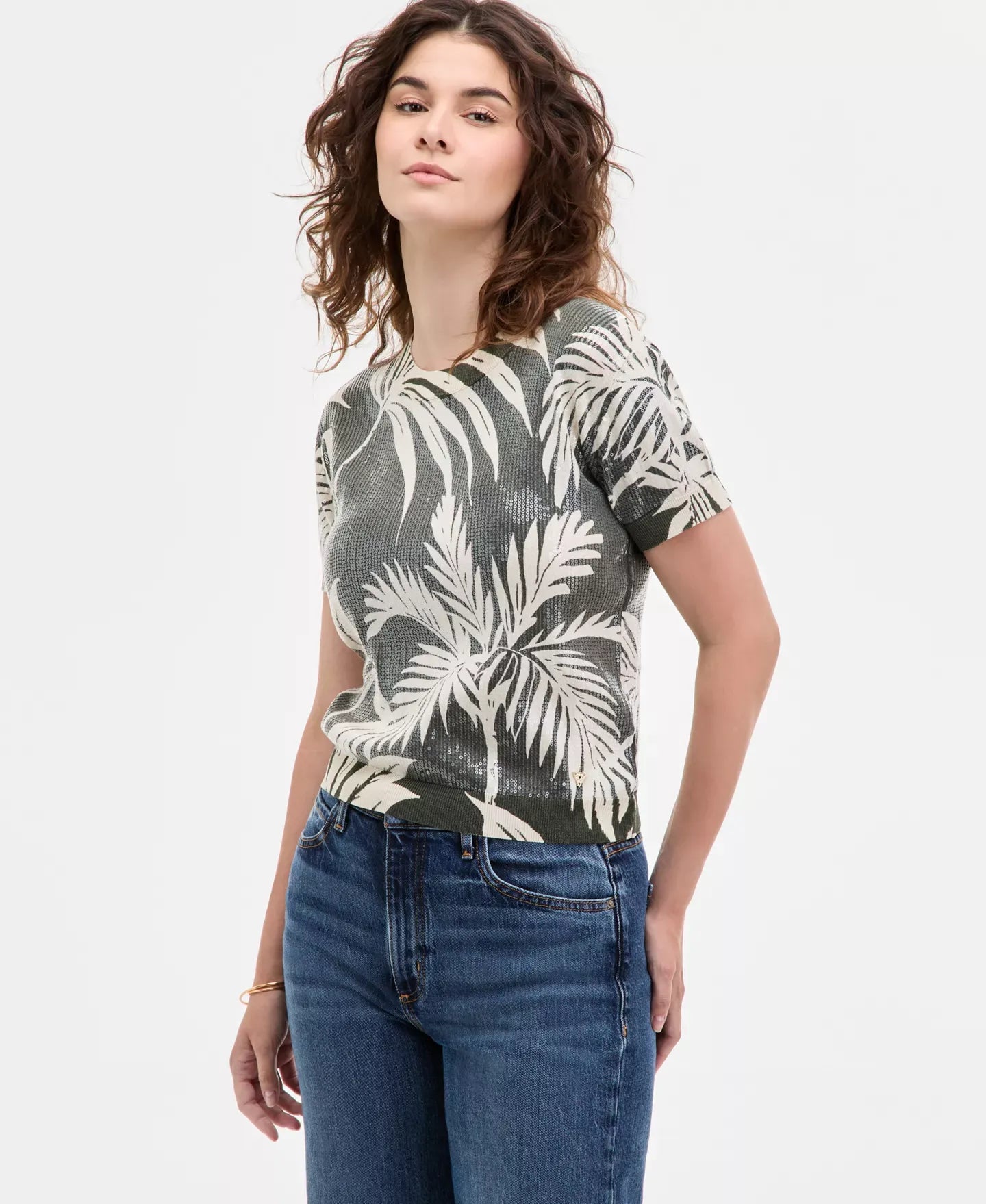 GUESS Women's Sequin Printed Short-Sleeve Sweater Top