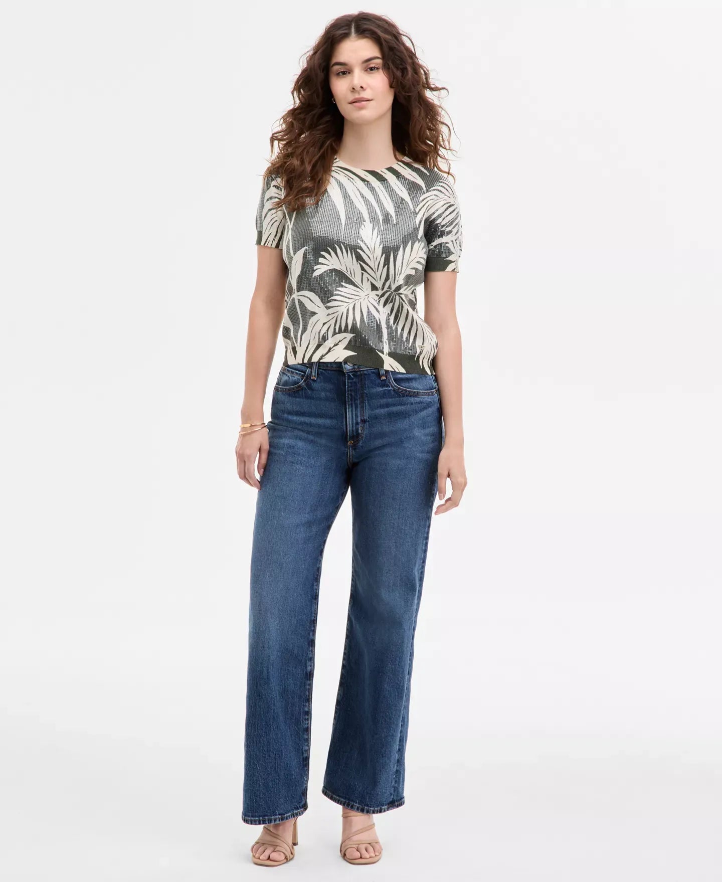 GUESS Women's Sequin Printed Short-Sleeve Sweater Top