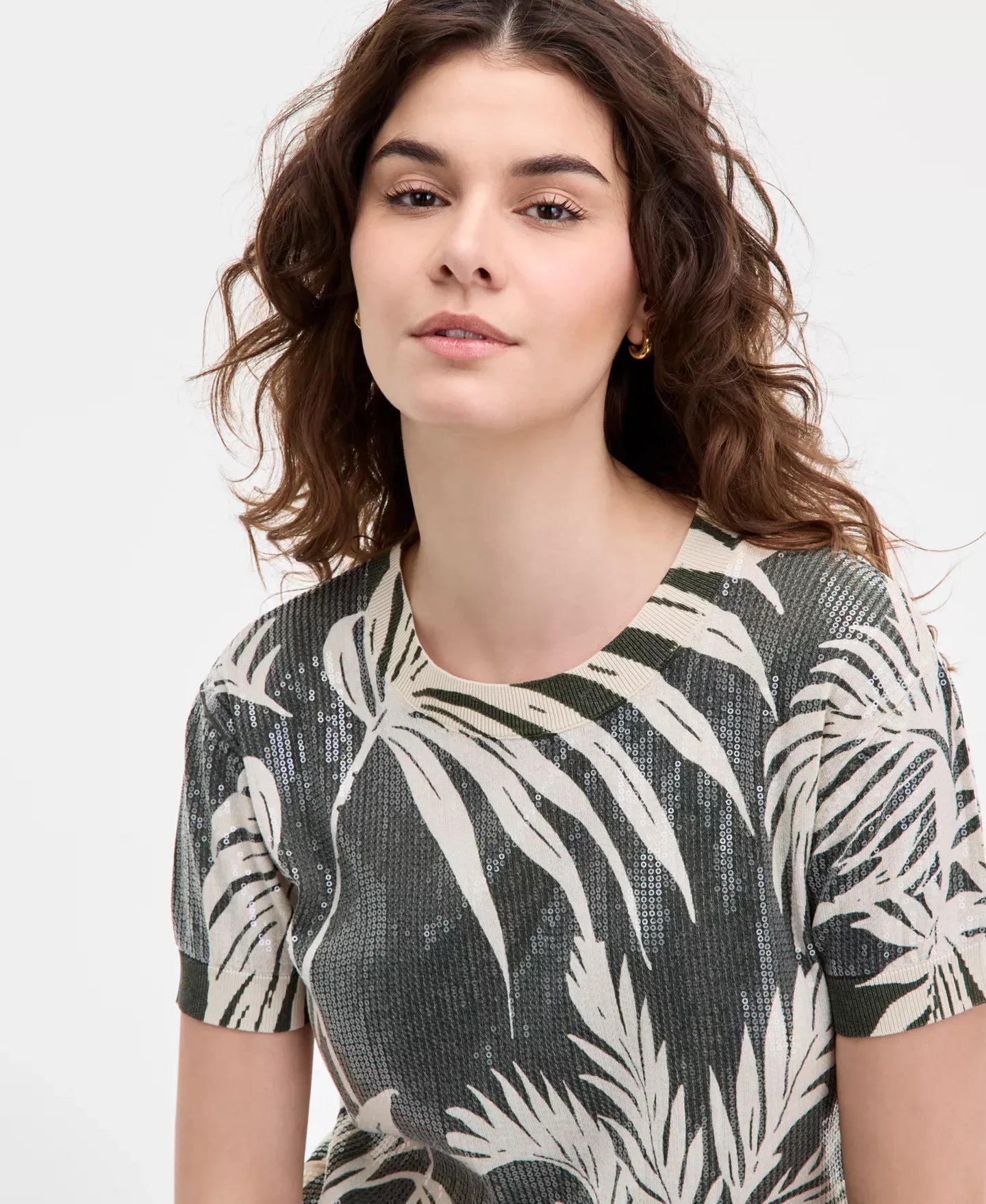 GUESS Women's Sequin Printed Short-Sleeve Sweater Top