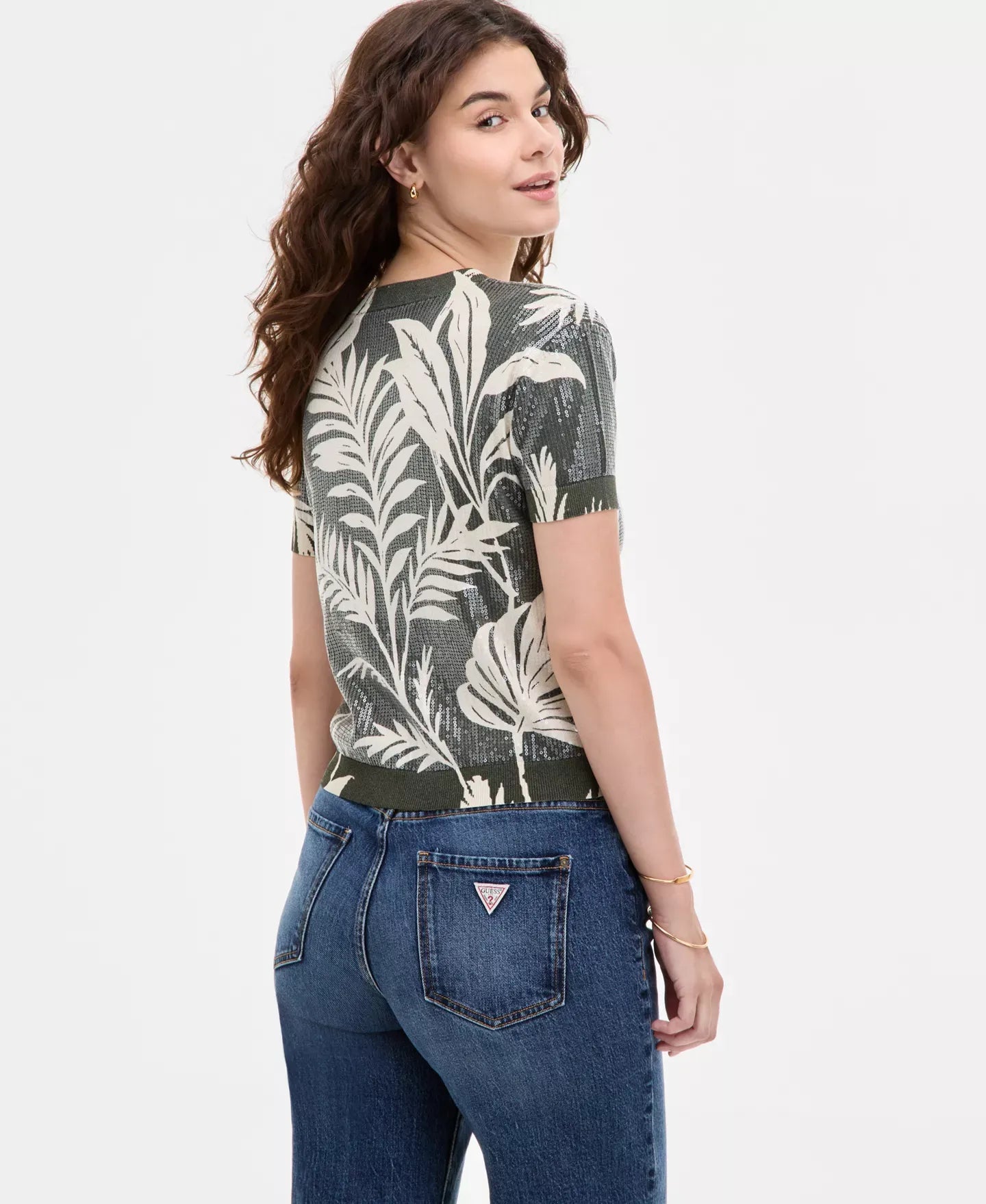 GUESS Women's Sequin Printed Short-Sleeve Sweater Top