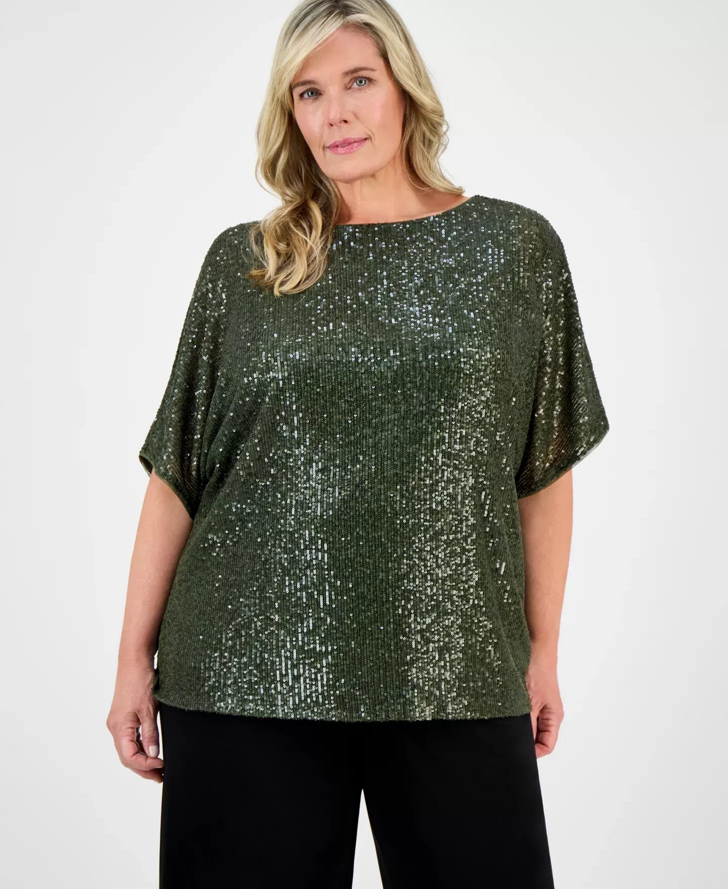 Anne Klein Plus Size Sequin Dolman-Sleeve Boat-Neck Top