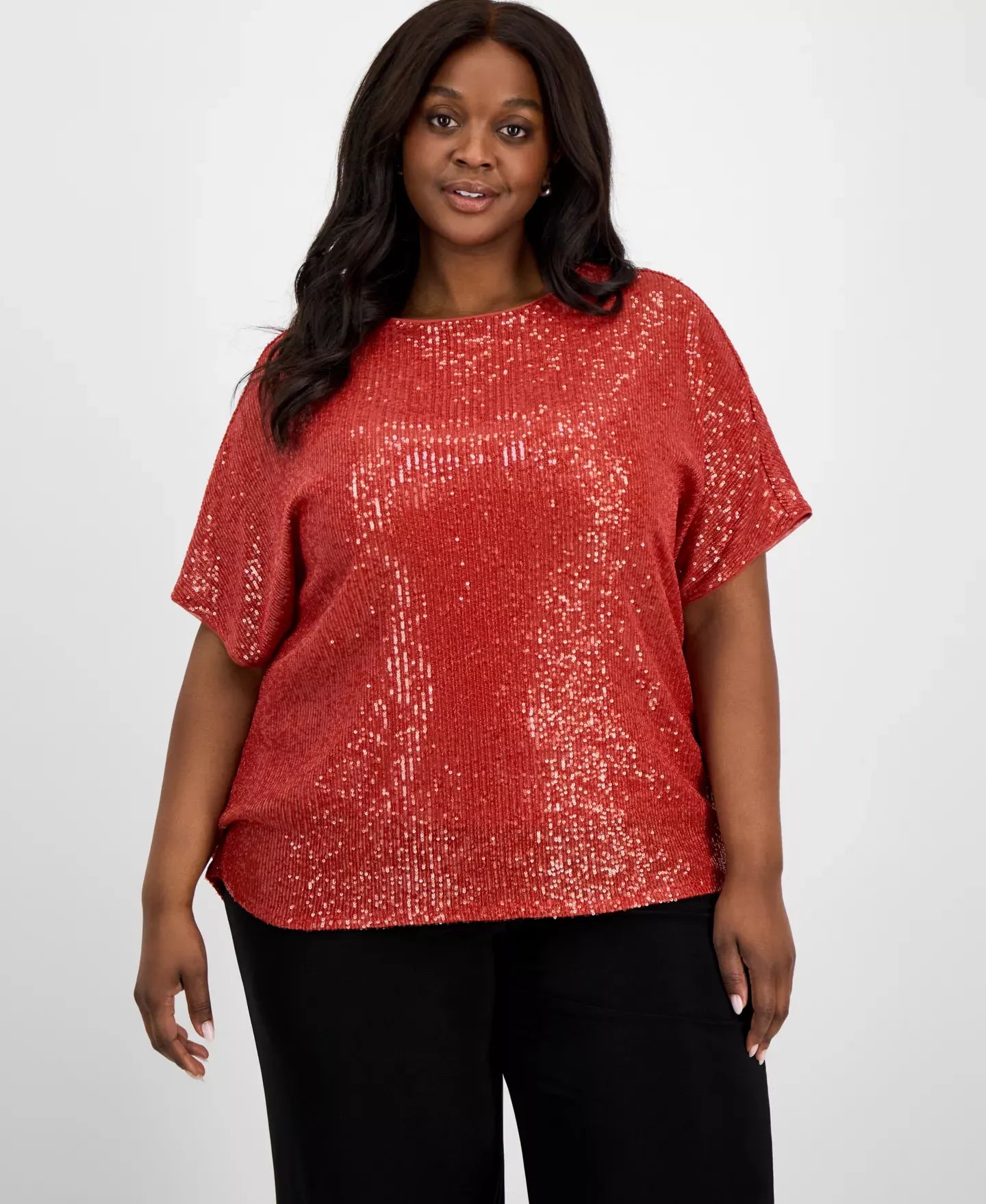Anne Klein Plus Size Sequin Dolman-Sleeve Boat-Neck Top