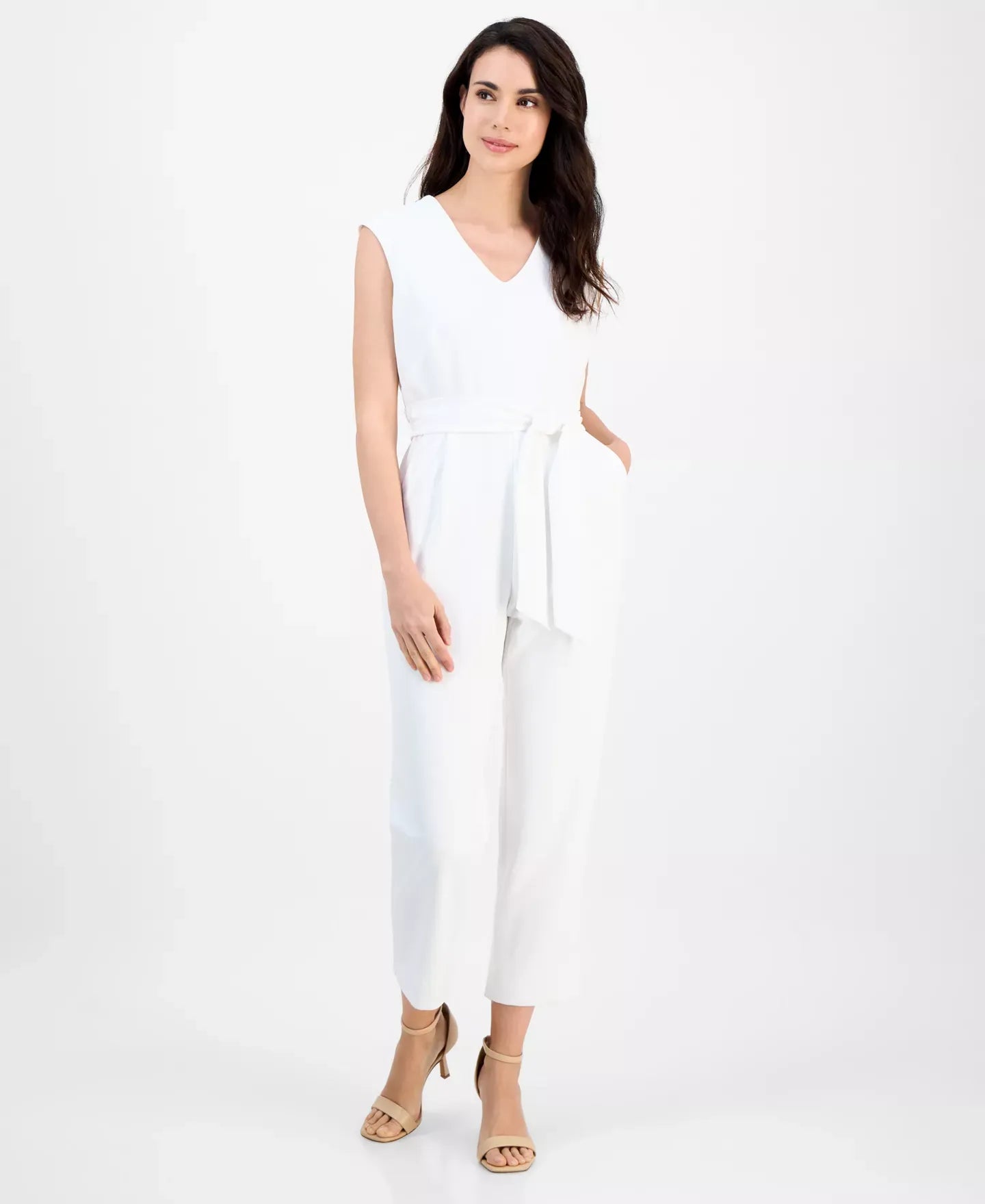 AK Anne Klein Petite V-Neck Extended-Shoulder Cropped Jumpsuit Pants