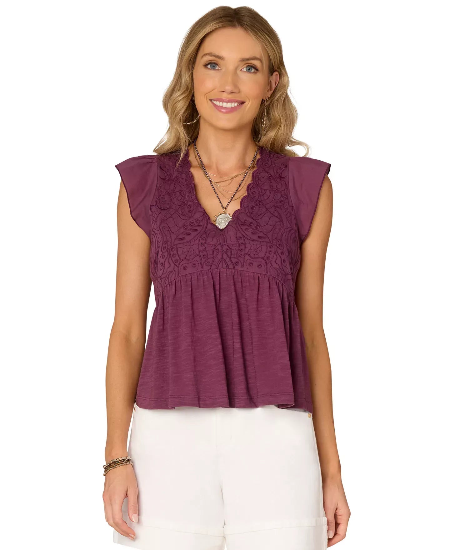 Democracy Petite Embroidered Cotton Flutter-Sleeve Top