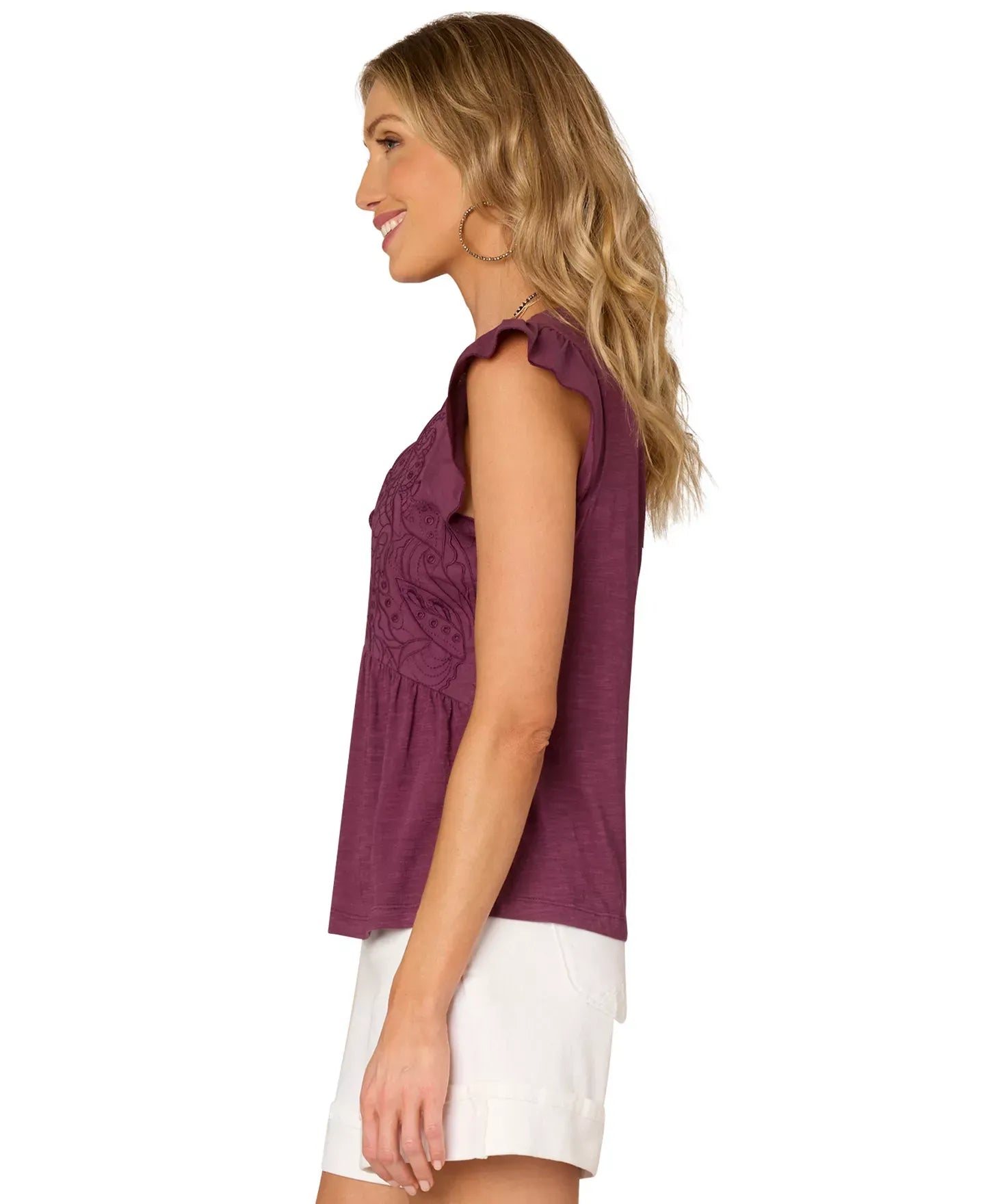 Democracy Petite Embroidered Cotton Flutter-Sleeve Top