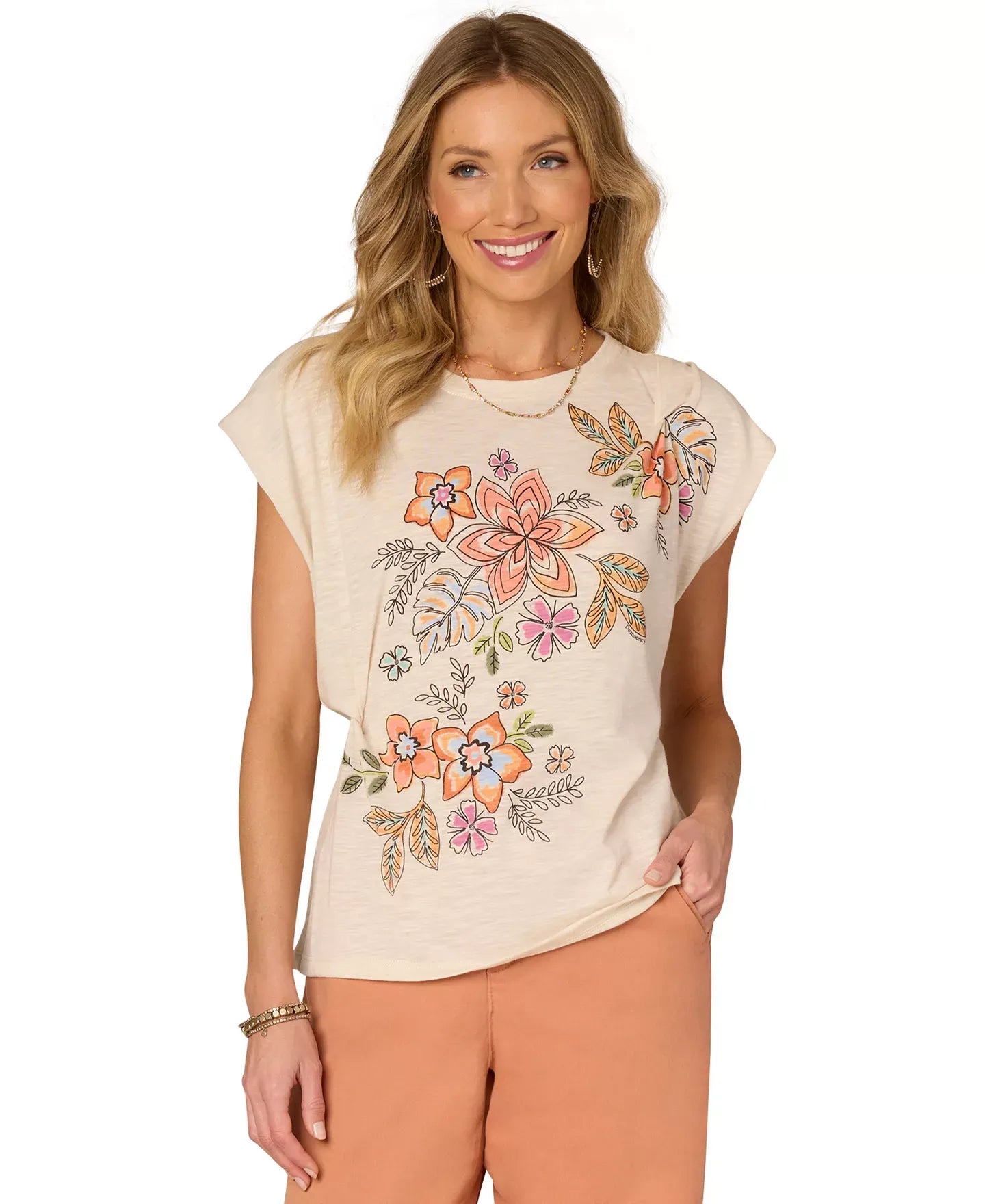 Democracy Petite Twisted-Sleeve Asymmetric Graphic Tee Top