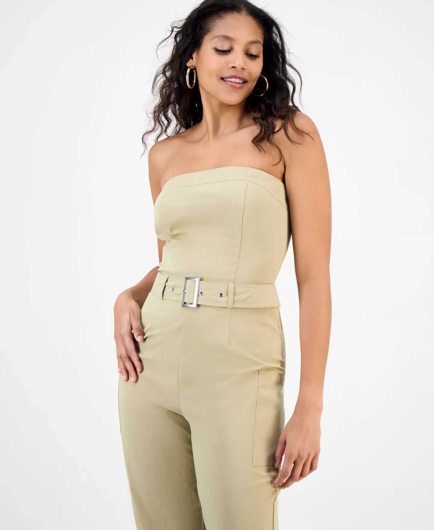 Bar III Women's Strapless Belted Utility Jumpsuit