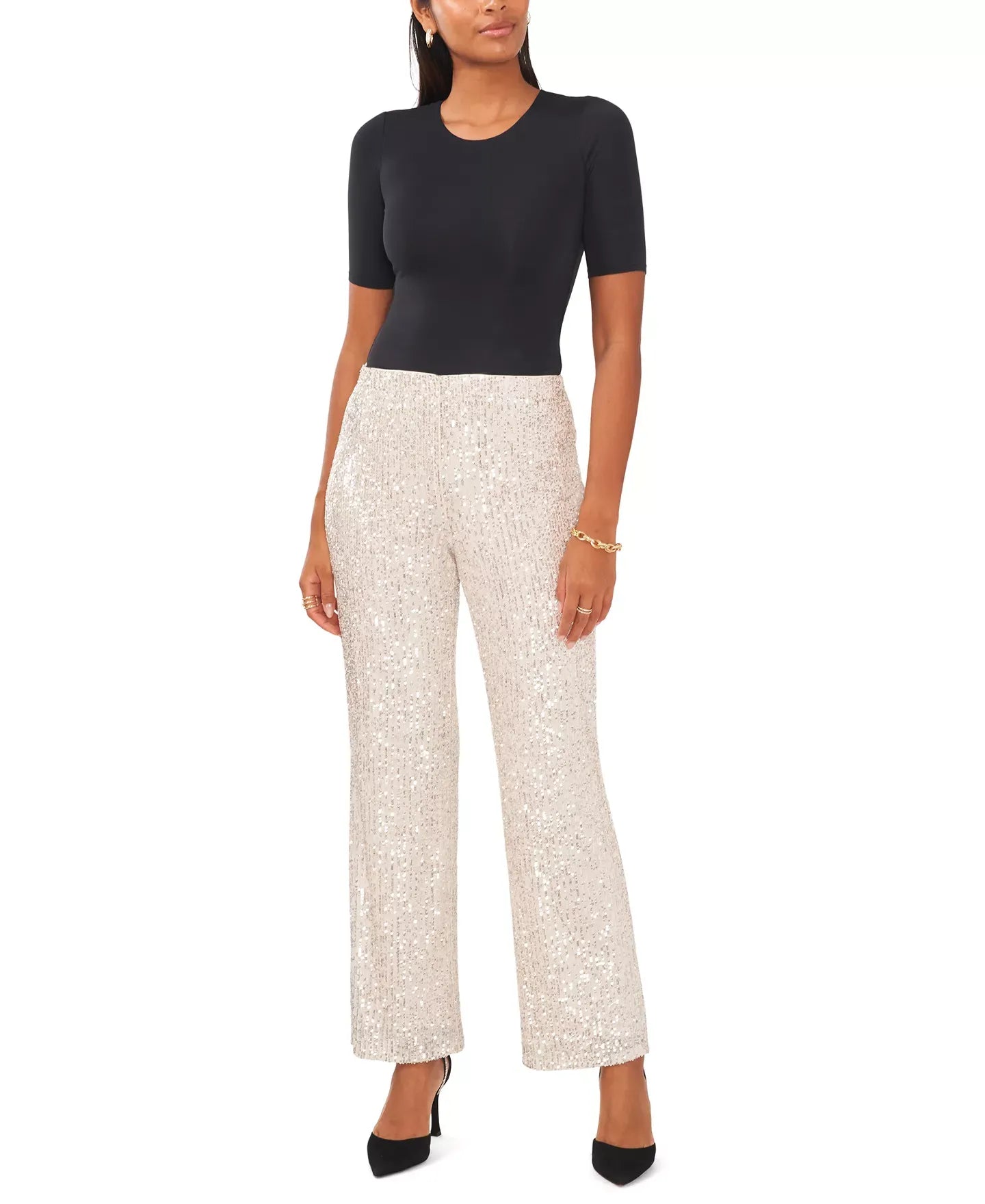 MSK Petite Sequined Mesh Pull-On Palazzo Pants