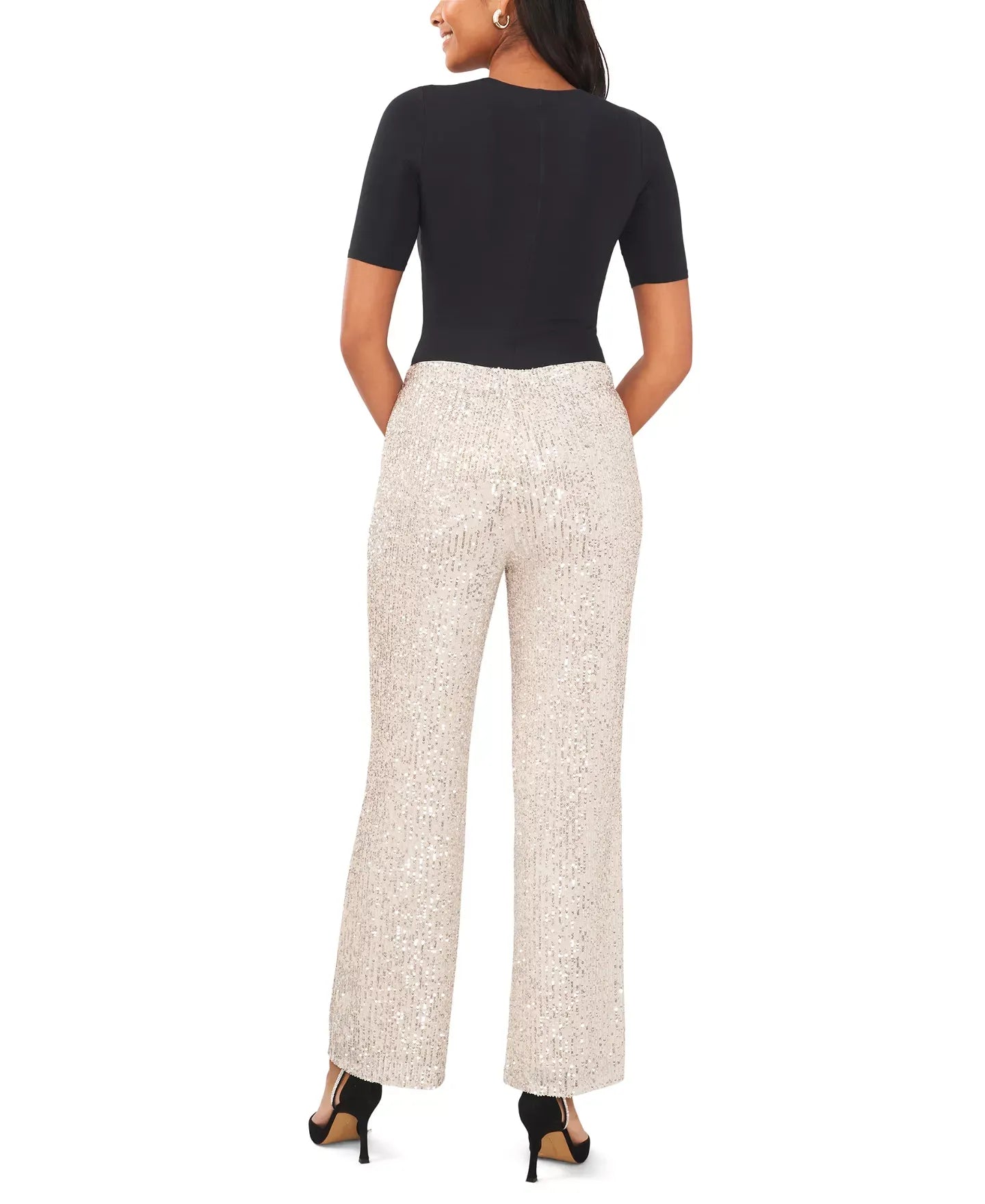 MSK Petite Sequined Mesh Pull-On Palazzo Pants
