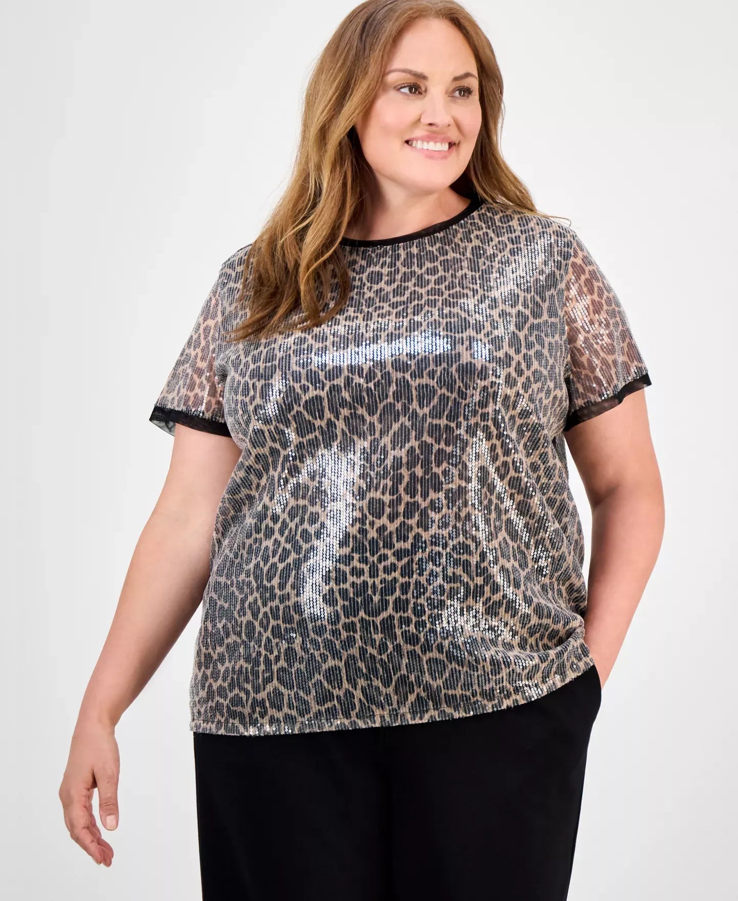 Anne Klein Plus Size Animal-Print Sequin Top
