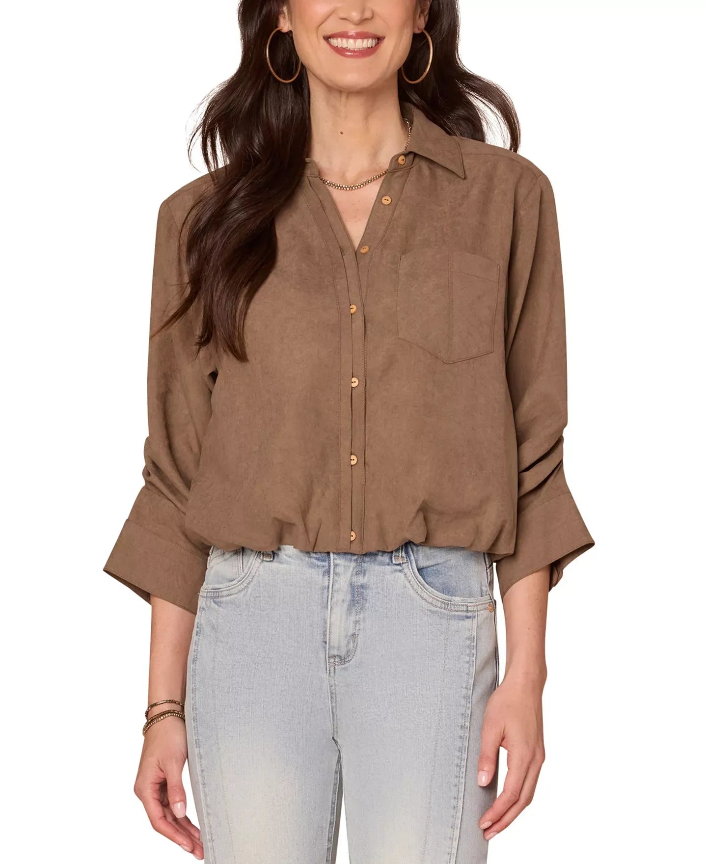 Democracy Petite Ruched-Sleeve Bubble-Hem Shirt Top