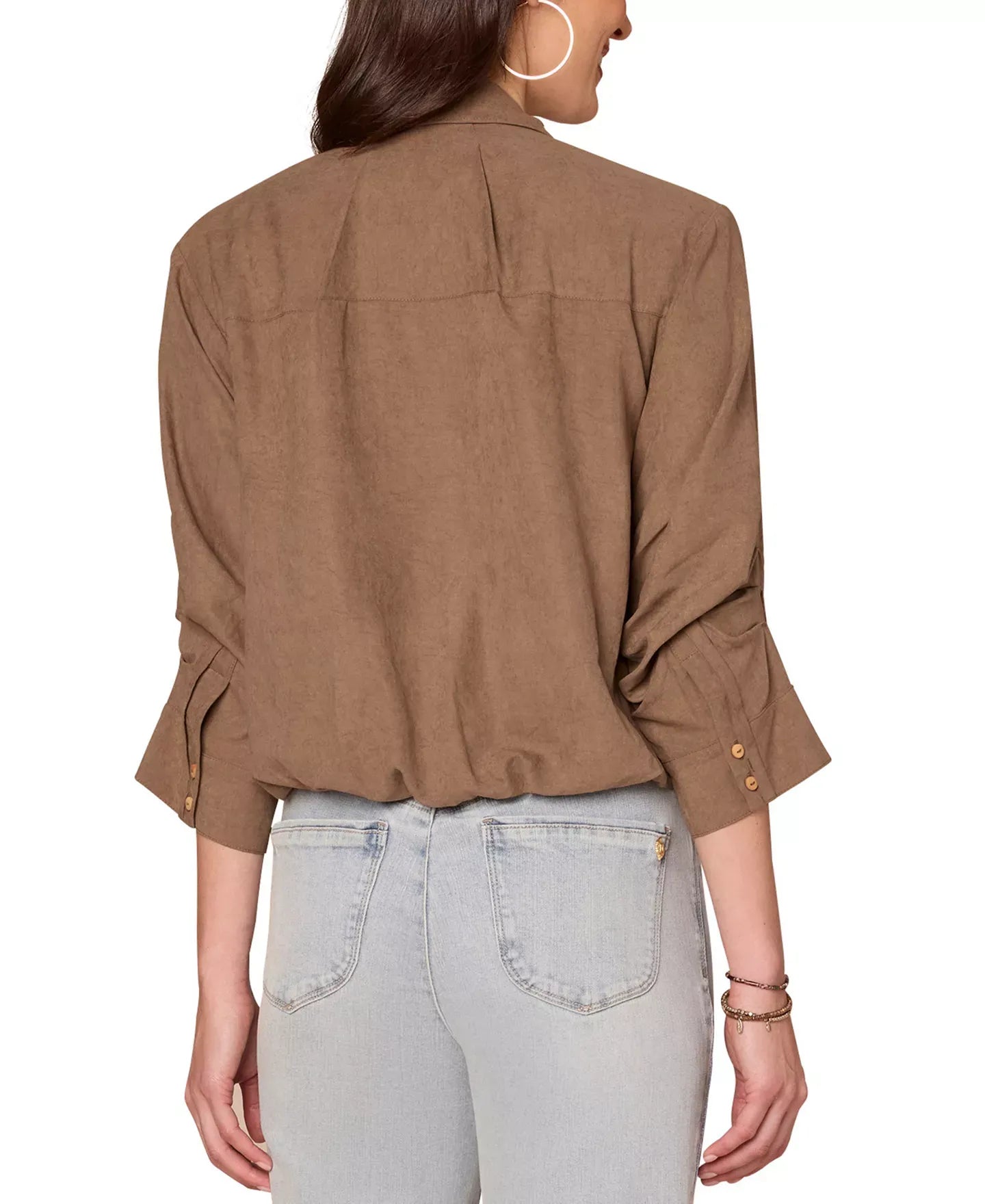 Democracy Petite Ruched-Sleeve Bubble-Hem Shirt Top