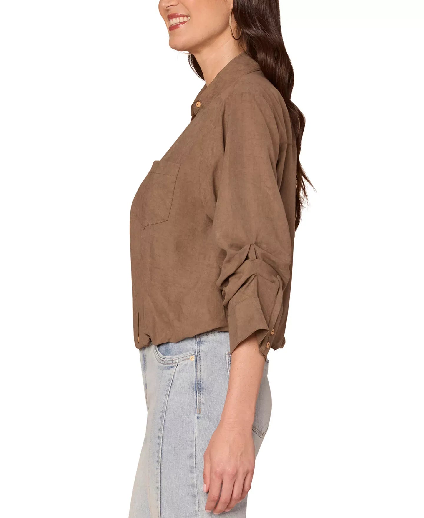 Democracy Petite Ruched-Sleeve Bubble-Hem Shirt Top