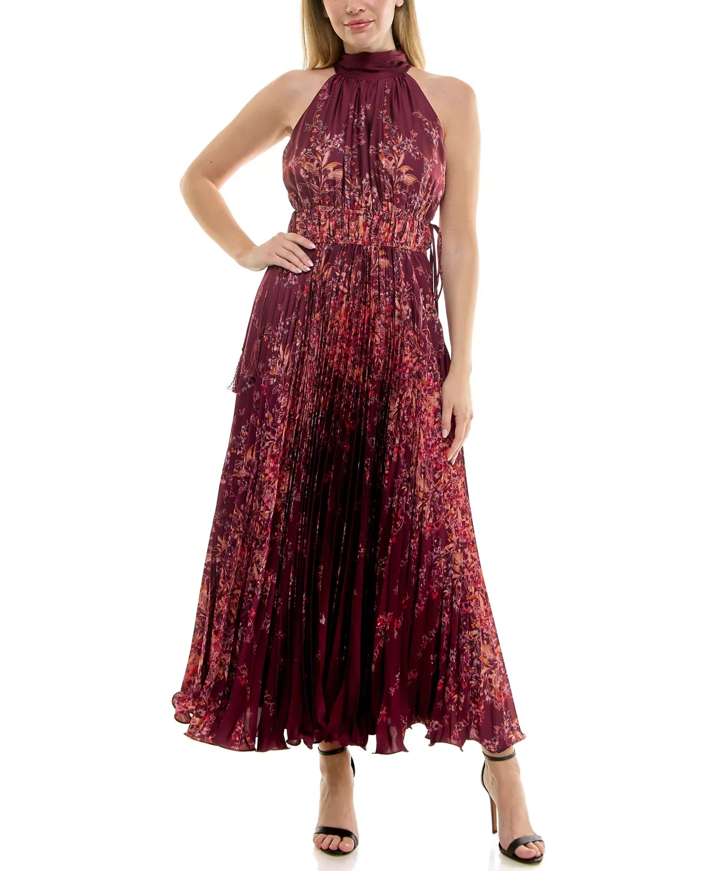 Taylor Women's Sunburst Pleated Halter Neck Dress