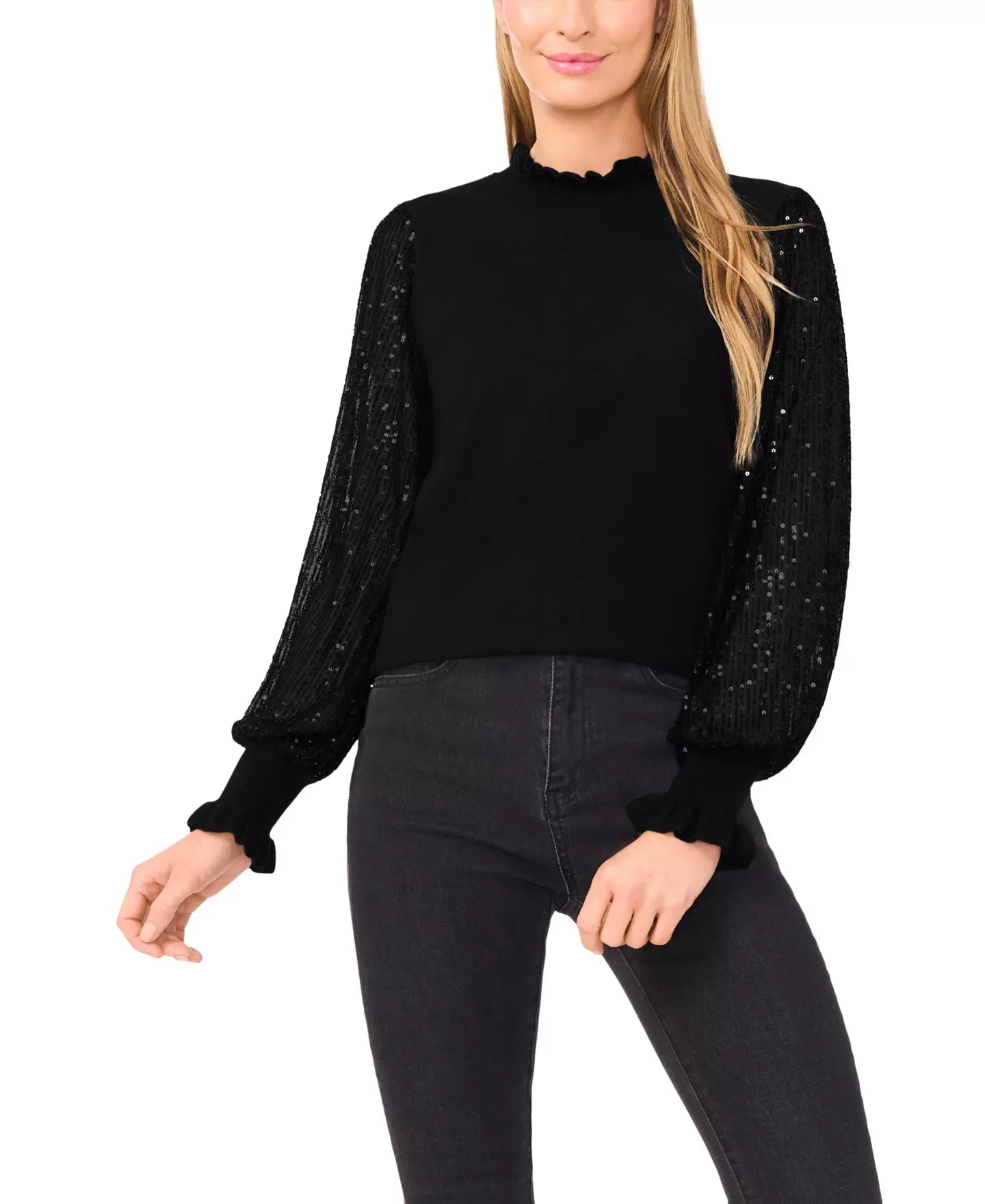 CeCe Women's Ruffle Trim Sequin Long Sleeves Sweater