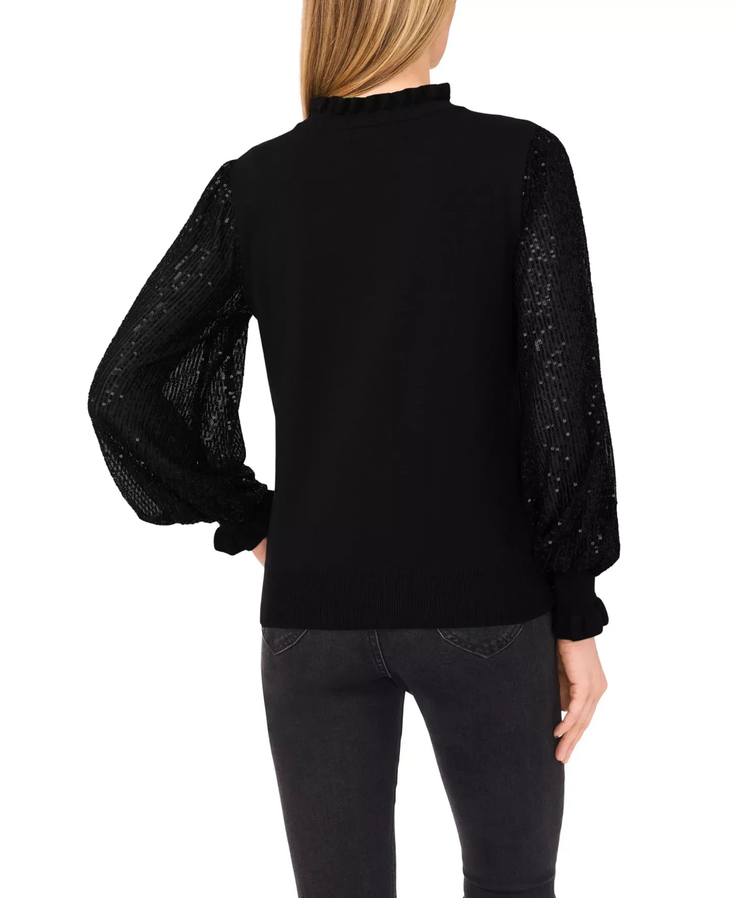 CeCe Women's Ruffle Trim Sequin Long Sleeves Sweater