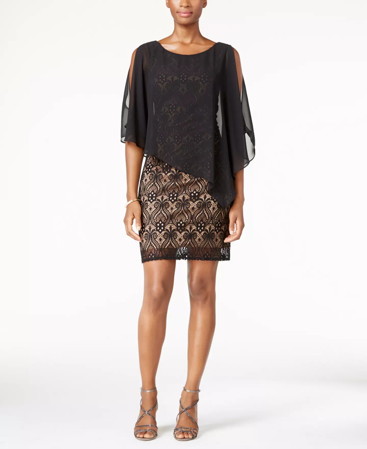 Connected Lace Cold-Shoulder Cape Dress